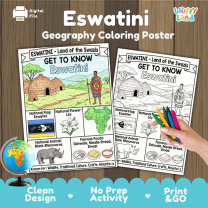 Eswatini Geography Coloring Poster and Fact Sheet Printable Worksheets