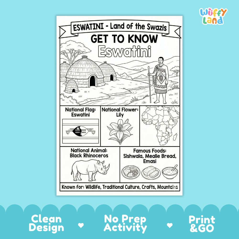 Eswatini Geography Coloring Poster and Fact Sheet Printable Worksheets