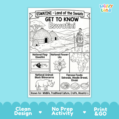 Eswatini Geography Coloring Poster and Fact Sheet Printable Worksheets