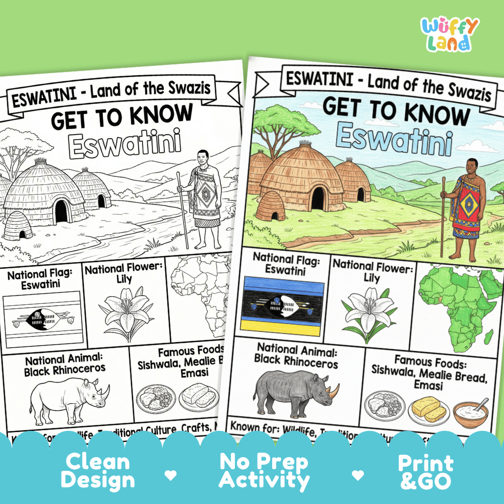 Eswatini Geography Coloring Poster and Fact Sheet Printable Worksheets