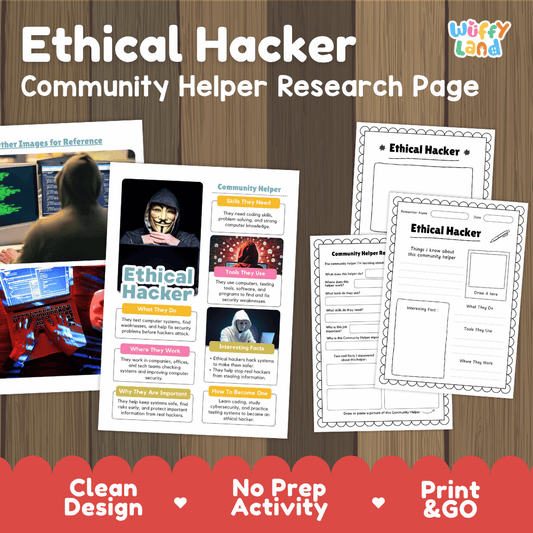 Ethical hacker community helper research page writing worksheets pack featuring real photos and student activity pages for elementary social studies and STEM