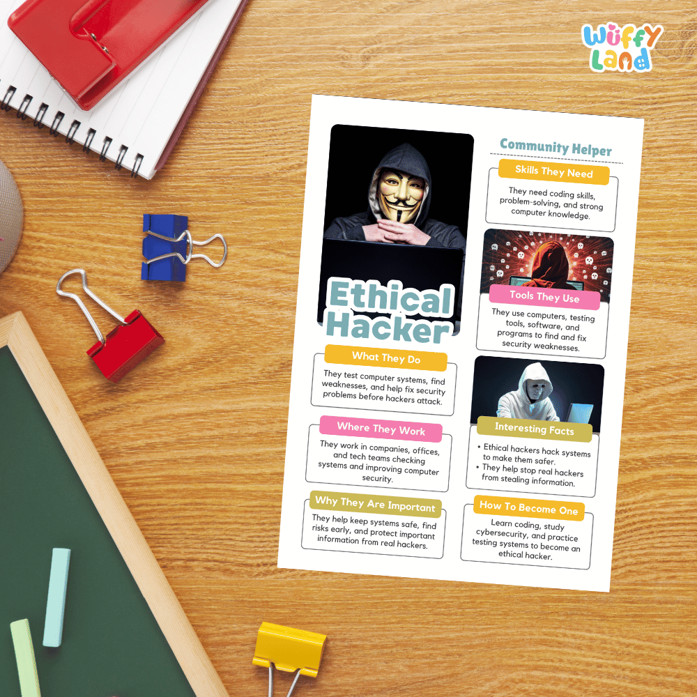 Guided student writing worksheets with lined sections for recording facts and a dedicated box for drawing or pasting a picture of an ethical hacker