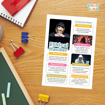Guided student writing worksheets with lined sections for recording facts and a dedicated box for drawing or pasting a picture of an ethical hacker