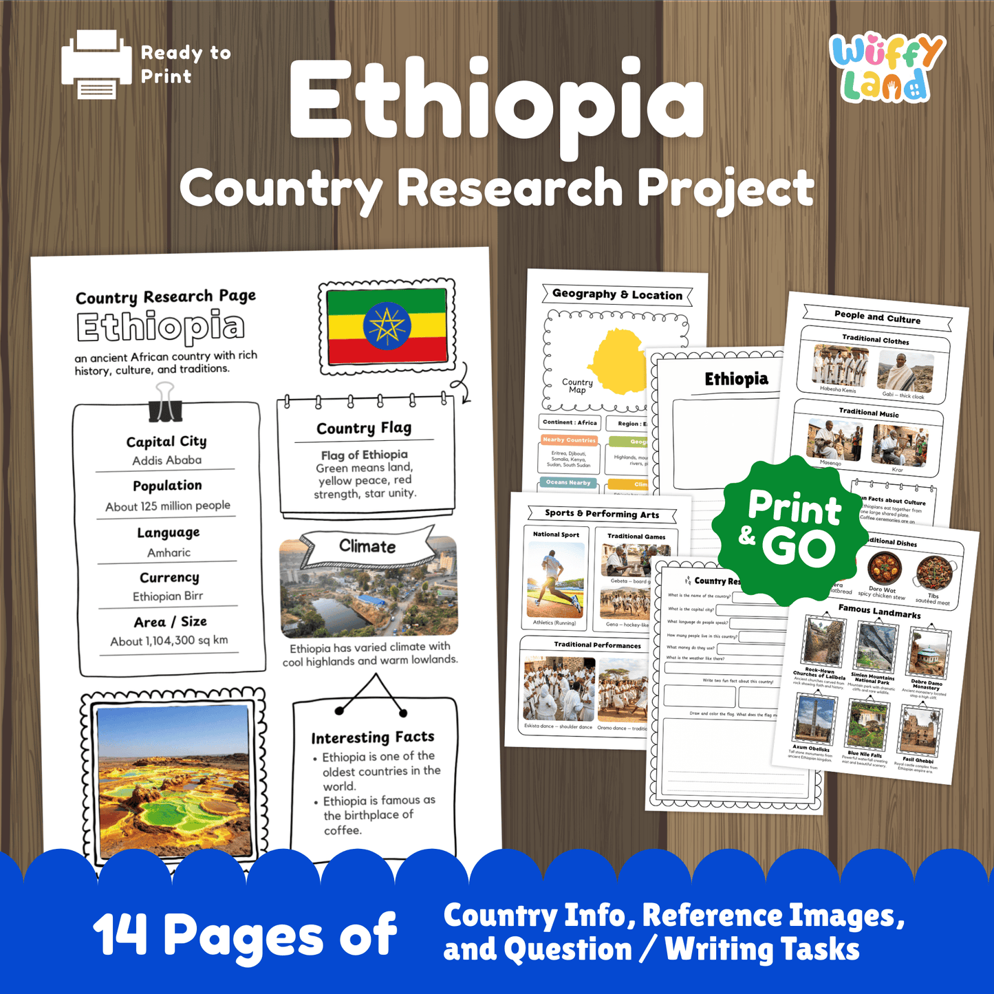 Printable Ethiopia country research project for kids featuring an overview page with facts such as capital city, population, language, climate, and flag, along with additional worksheets on geography and location, people and culture, sports and performing arts, famous landmarks, and a student research response page designed for classroom or homeschool use.