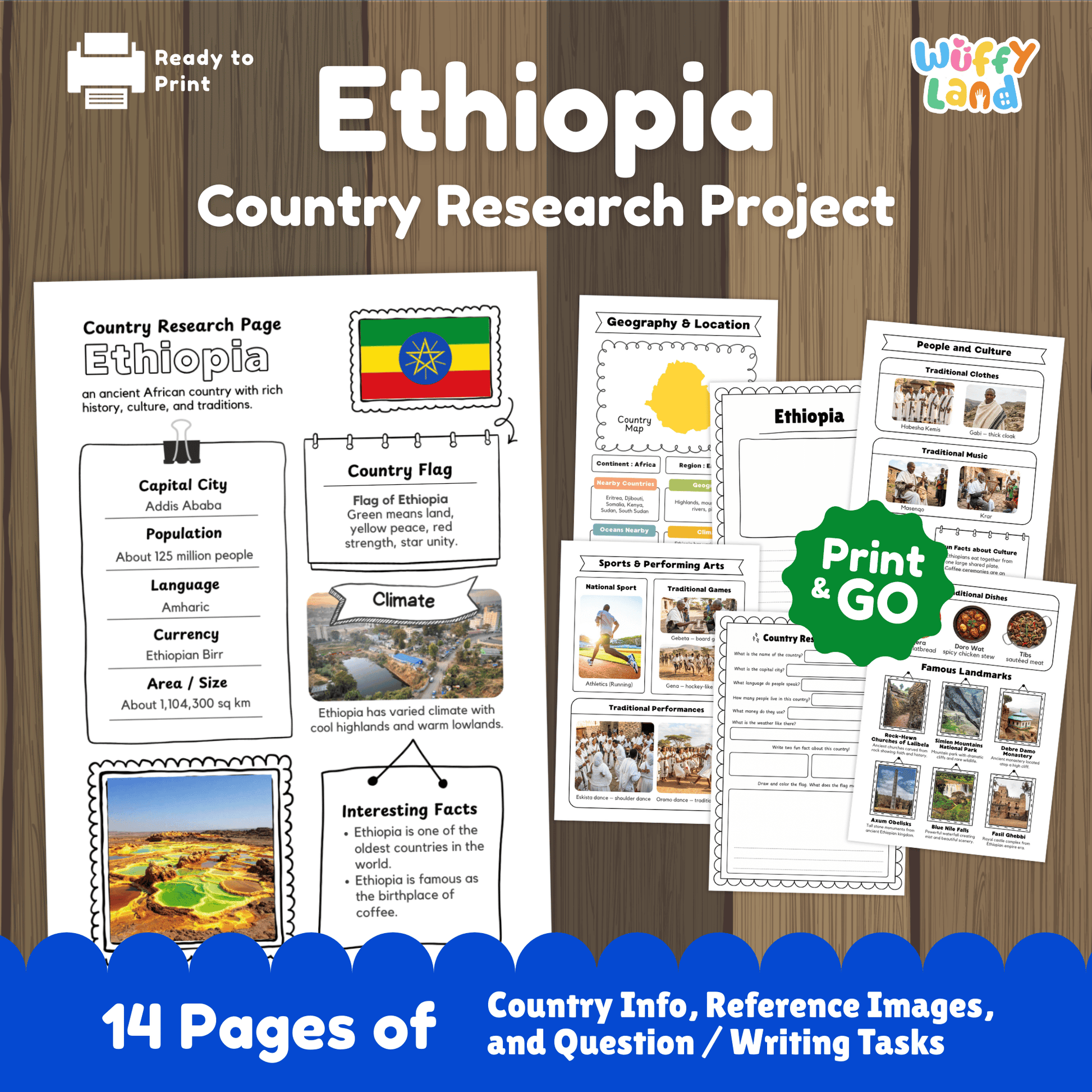 Printable Ethiopia country research project for kids featuring an overview page with facts such as capital city, population, language, climate, and flag, along with additional worksheets on geography and location, people and culture, sports and performing arts, famous landmarks, and a student research response page designed for classroom or homeschool use.