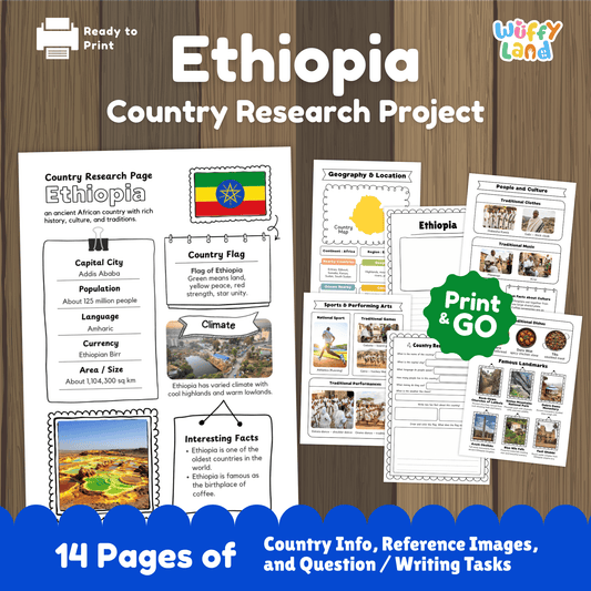 Printable Ethiopia country research project for kids featuring an overview page with facts such as capital city, population, language, climate, and flag, along with additional worksheets on geography and location, people and culture, sports and performing arts, famous landmarks, and a student research response page designed for classroom or homeschool use.