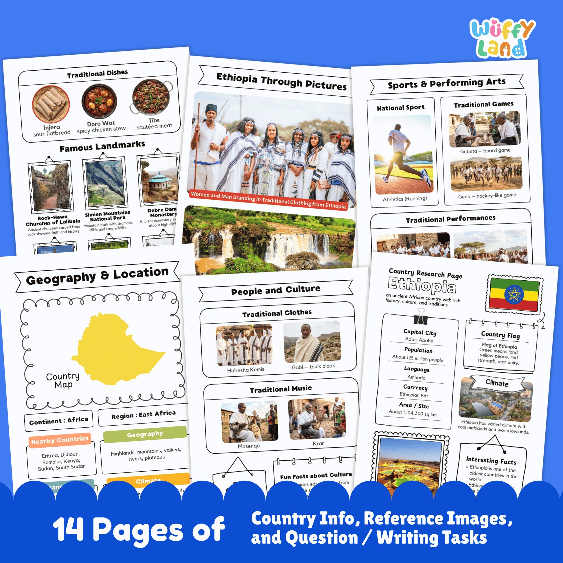 Printable Ethiopia country research project for kids featuring an overview page with facts such as capital city, population, language, climate, and flag, along with additional worksheets on geography and location, people and culture, sports and performing arts, famous landmarks, and a student research response page designed for classroom or homeschool use.