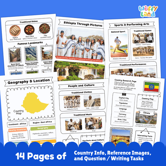 Printable Ethiopia country research project for kids featuring an overview page with facts such as capital city, population, language, climate, and flag, along with additional worksheets on geography and location, people and culture, sports and performing arts, famous landmarks, and a student research response page designed for classroom or homeschool use.