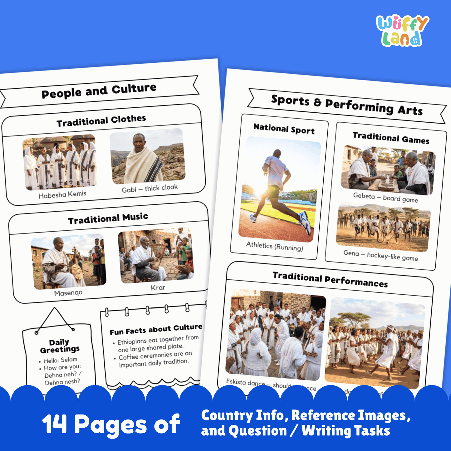 Printable Ethiopia country research project for kids featuring an overview page with facts such as capital city, population, language, climate, and flag, along with additional worksheets on geography and location, people and culture, sports and performing arts, famous landmarks, and a student research response page designed for classroom or homeschool use.