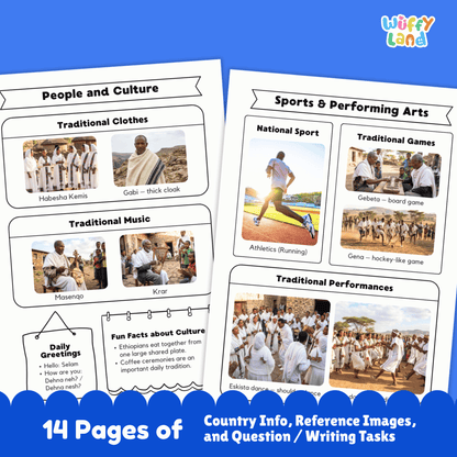 Printable Ethiopia country research project for kids featuring an overview page with facts such as capital city, population, language, climate, and flag, along with additional worksheets on geography and location, people and culture, sports and performing arts, famous landmarks, and a student research response page designed for classroom or homeschool use.