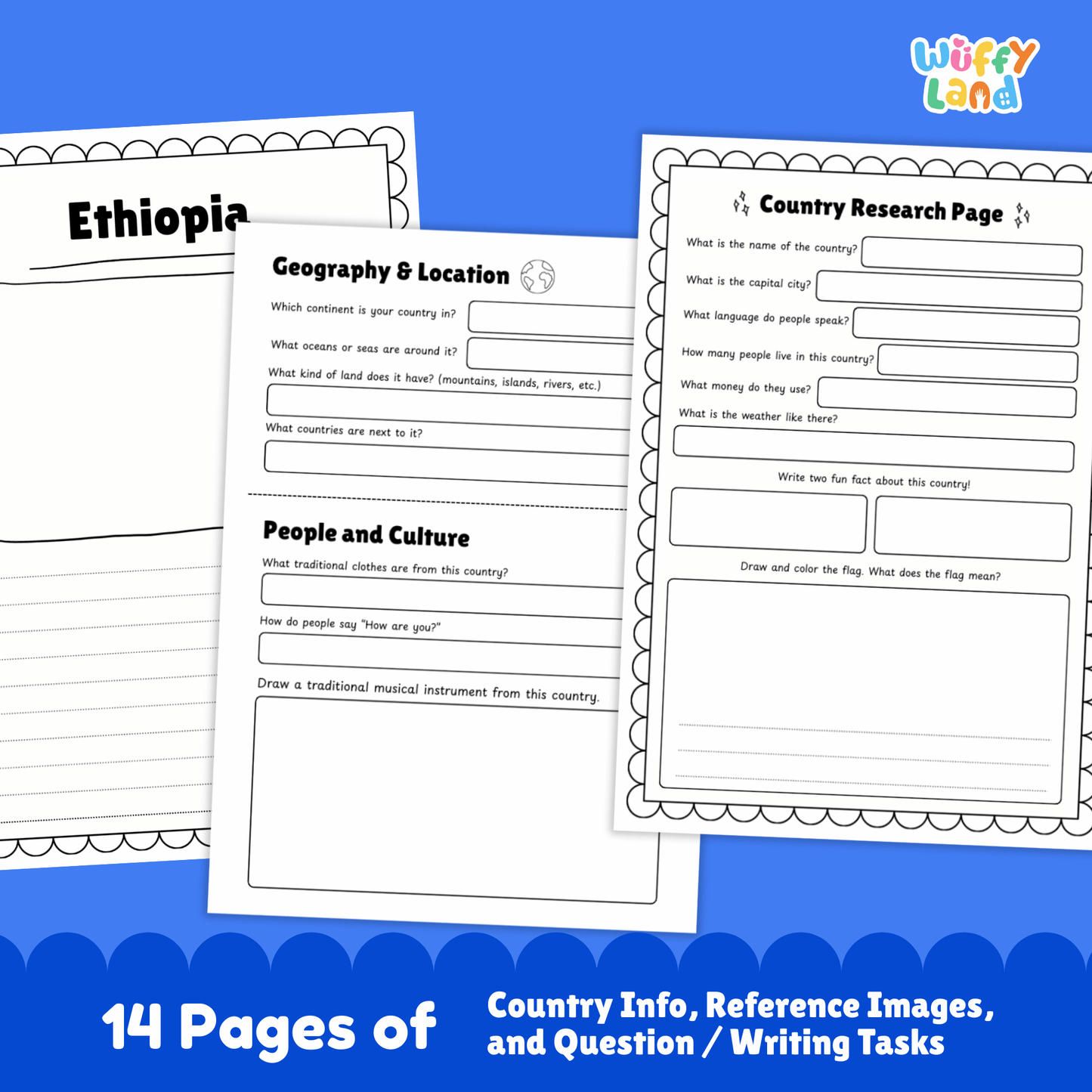 Printable Ethiopia country research project for kids featuring an overview page with facts such as capital city, population, language, climate, and flag, along with additional worksheets on geography and location, people and culture, sports and performing arts, famous landmarks, and a student research response page designed for classroom or homeschool use.
