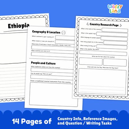 Printable Ethiopia country research project for kids featuring an overview page with facts such as capital city, population, language, climate, and flag, along with additional worksheets on geography and location, people and culture, sports and performing arts, famous landmarks, and a student research response page designed for classroom or homeschool use.