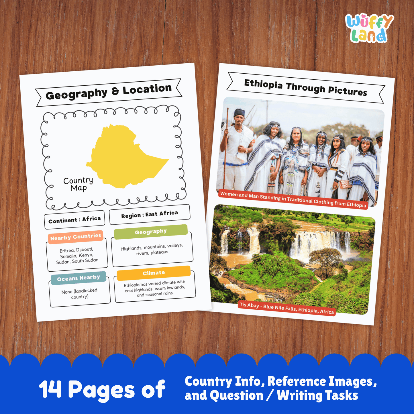 Printable Ethiopia country research project for kids featuring an overview page with facts such as capital city, population, language, climate, and flag, along with additional worksheets on geography and location, people and culture, sports and performing arts, famous landmarks, and a student research response page designed for classroom or homeschool use.