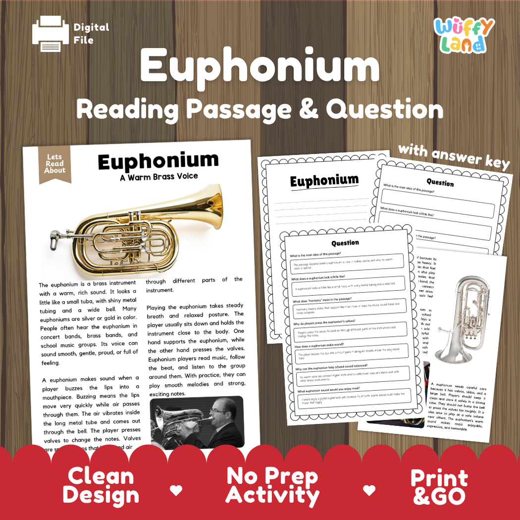 Euphonium reading comprehension passage and questions printable activity pack with answer key for elementary students