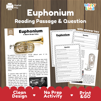 Euphonium reading comprehension passage and questions printable activity pack with answer key for elementary students