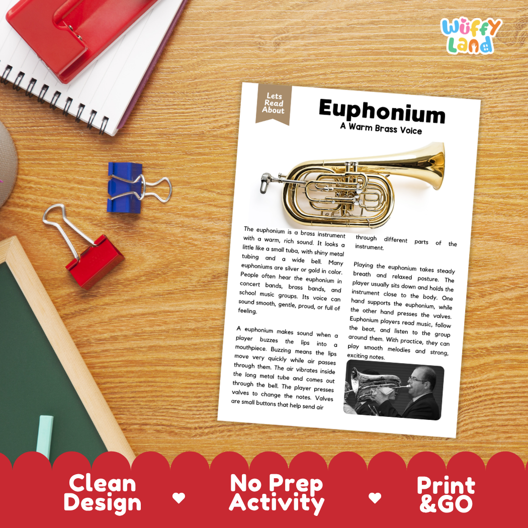 Student reading comprehension worksheet with short-answer questions and lined sections about the euphonium instrument