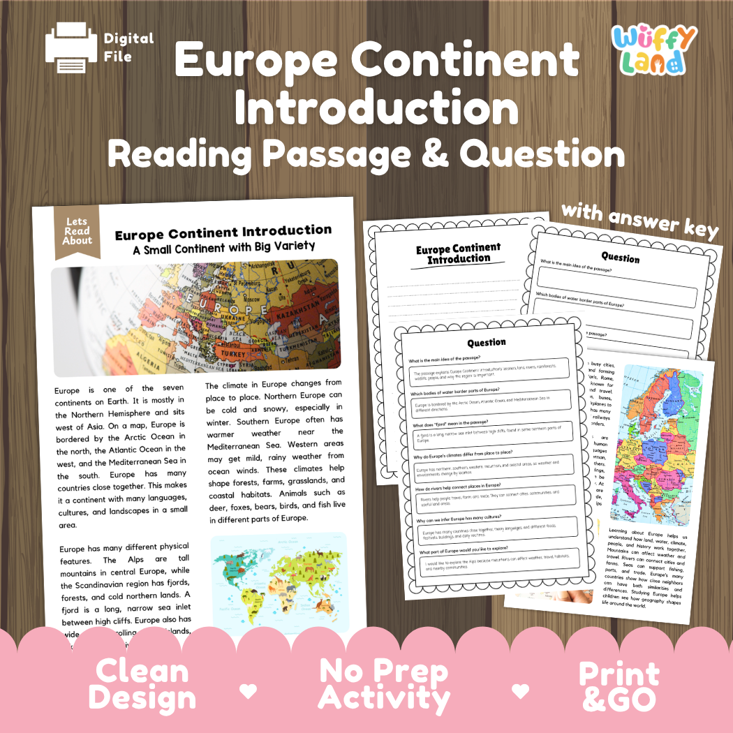 Europe Continent Introduction reading comprehension passage and questions printable activity pack with answer key for elementary students