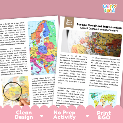 Teacher answer key page showing complete question solutions for Europe continent social studies reading comprehension practice