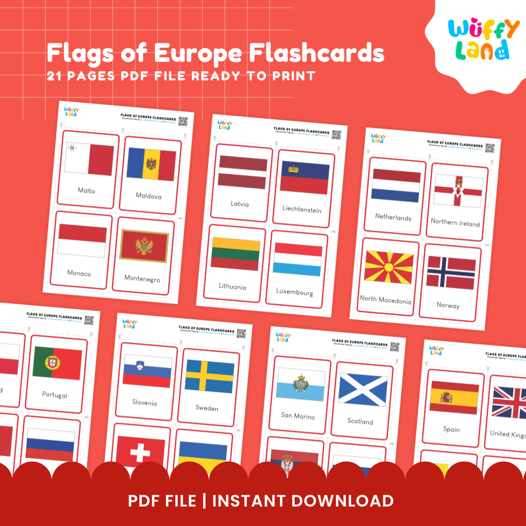 Printable European country flag learning cards for kids designed for country identification, visual recognition and geography practice