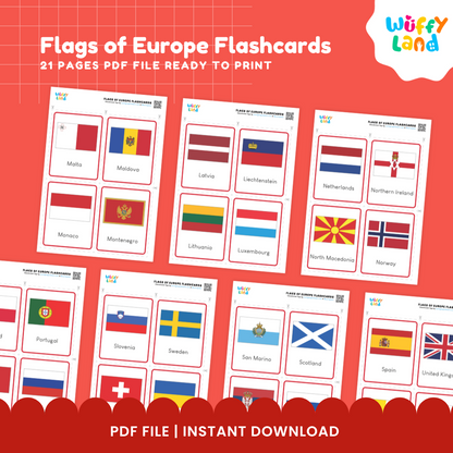 Printable European country flag learning cards for kids designed for country identification, visual recognition and geography practice