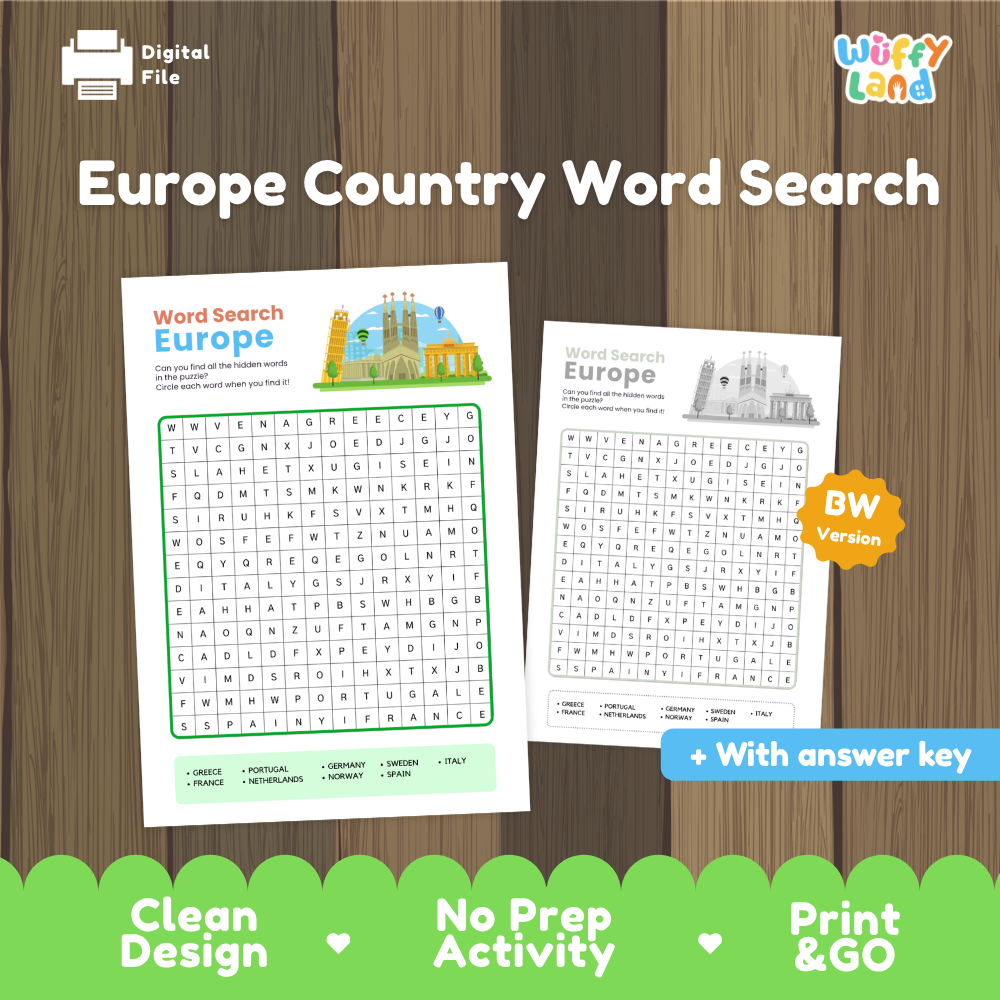 Europe country word search cover showing printable geography puzzle sheets in color and black-and-white