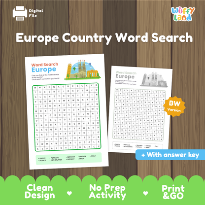 Europe country word search cover showing printable geography puzzle sheets in color and black-and-white