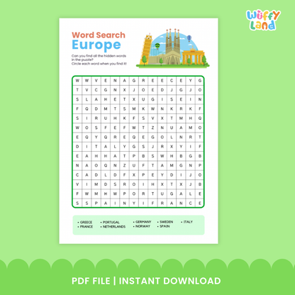 Printable word search worksheet featuring a letter grid, European landmark illustrations, and country word bank