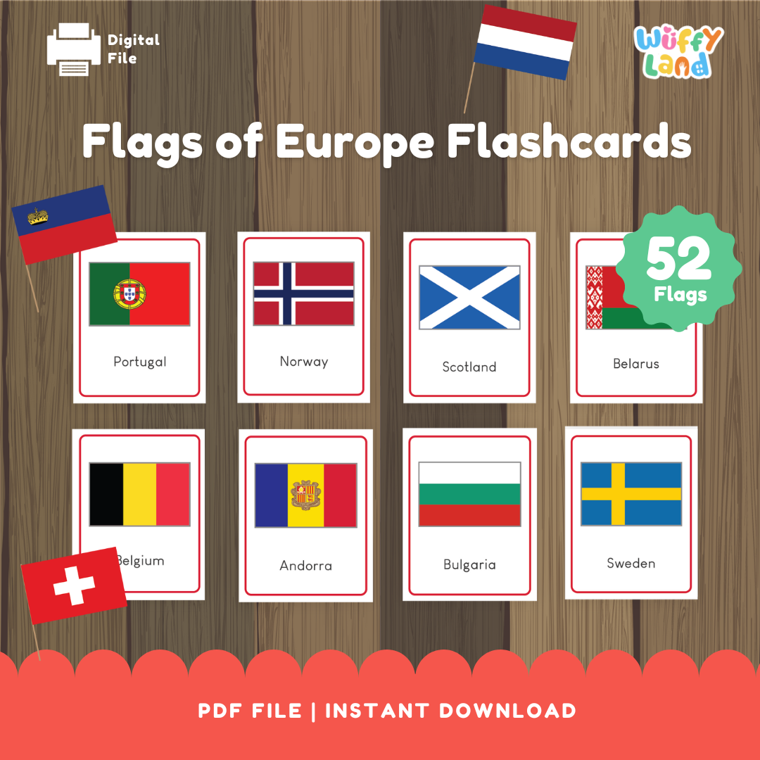 Europe flags flashcards printable featuring 52 European flags with country names for geography learning and flag recognition