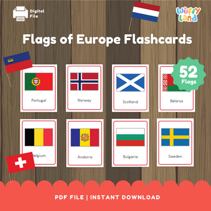 Europe flags flashcards printable featuring 52 European flags with country names for geography learning and flag recognition