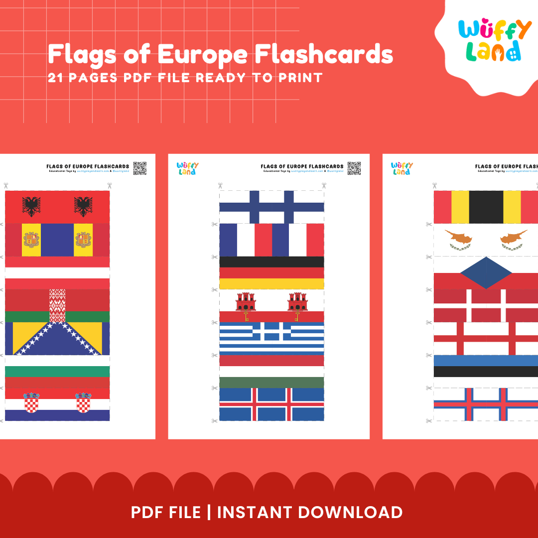 Europe geography flashcards featuring 52 flags and names for learning European countries and building world geography knowledge