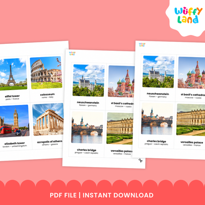 Printable Montessori 3-part cards showing Tallinn Old Town and Sultan Ahmed Mosque with separate matching word labels