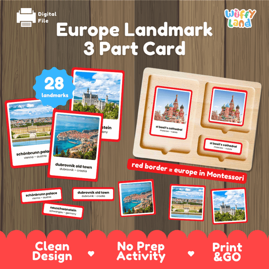 Europe landmark 3 part card printable Montessori geography activity pack overview from Wuffy Land featuring 28 landmarks with red borders 🏰🗺️