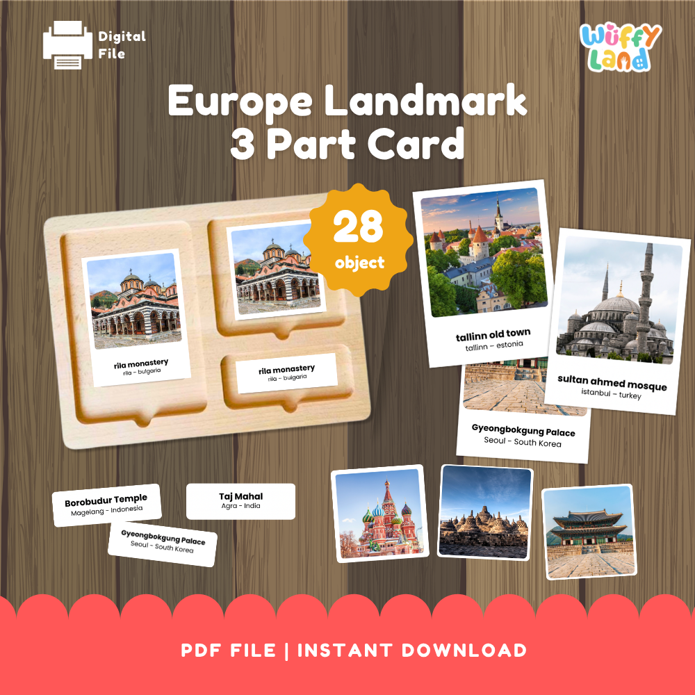 Europe landmarks fun fact flashcards cover showing 28 cards featuring St. Basil's Cathedral Colosseum Eiffel Tower and Sagrada Familia
