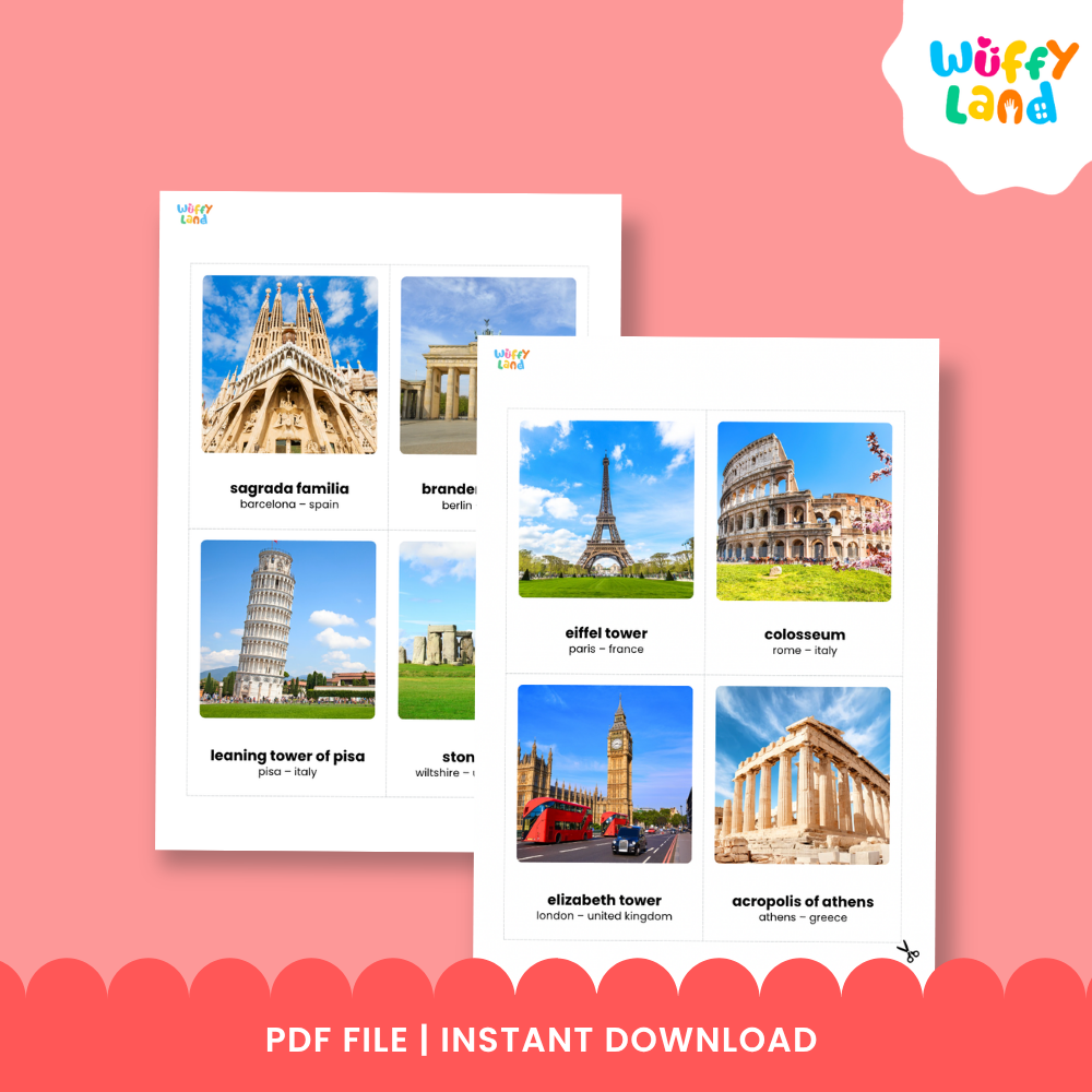High-resolution photographic cards featuring historic Rila Monastery, Tallinn Old Town, and Sultan Ahmed Mosque