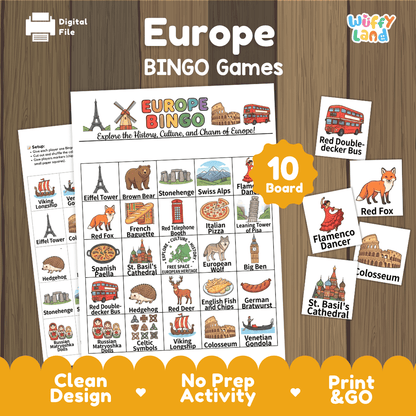 Europe Geography BINGO Games Printable Activity