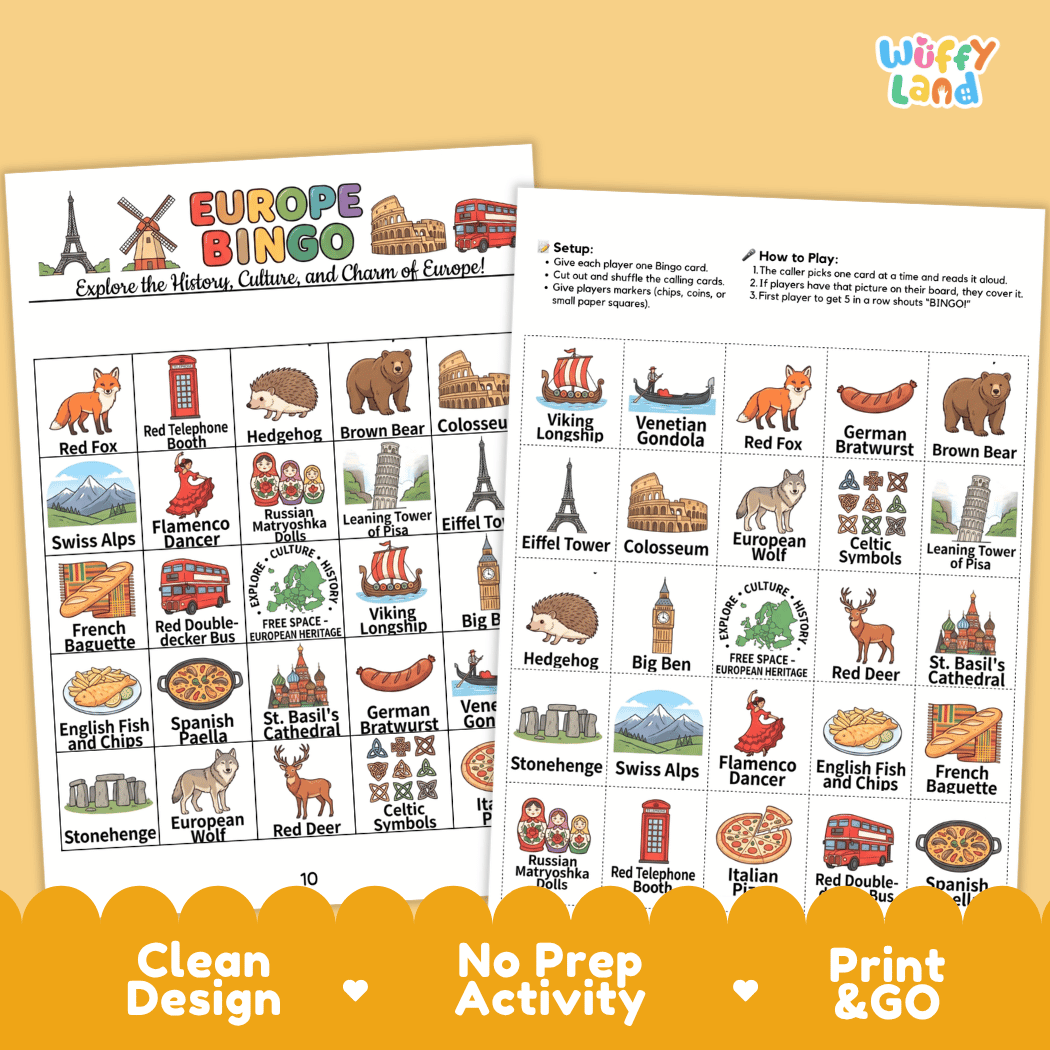 Europe Geography BINGO Games Printable Activity