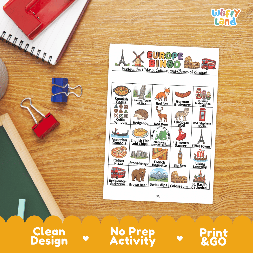 Europe Geography BINGO Games Printable Activity