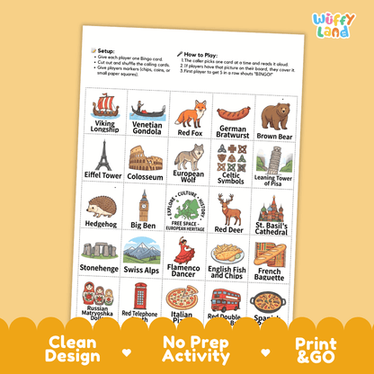 Europe Geography BINGO Games Printable Activity
