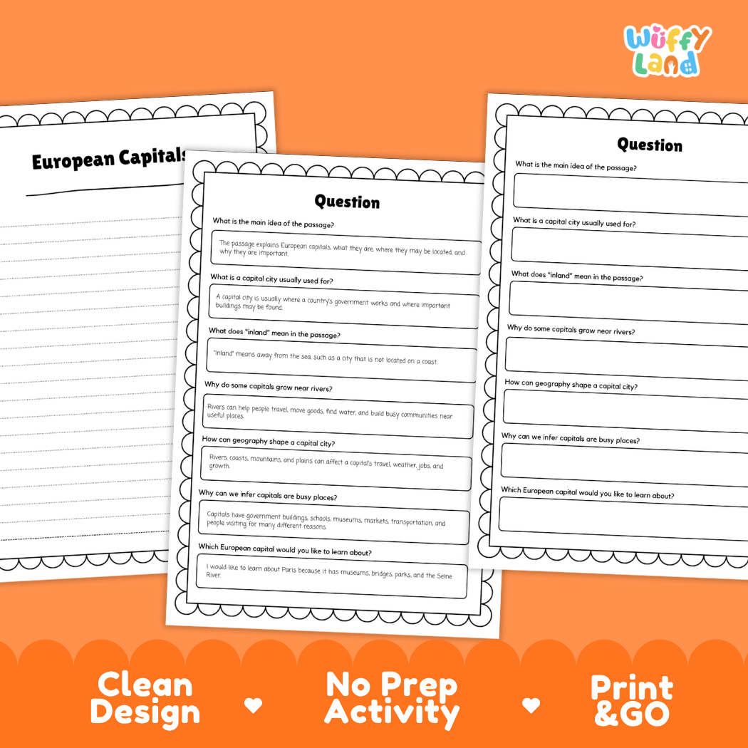 Informational reading passage page detailing European capitals Paris London Rome Berlin Madrid and river geography with photos