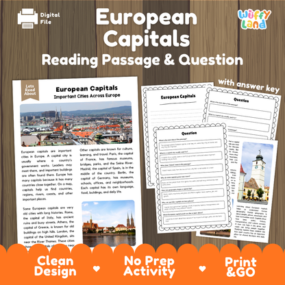 European Capitals reading comprehension passage and questions printable activity pack with answer key for elementary students