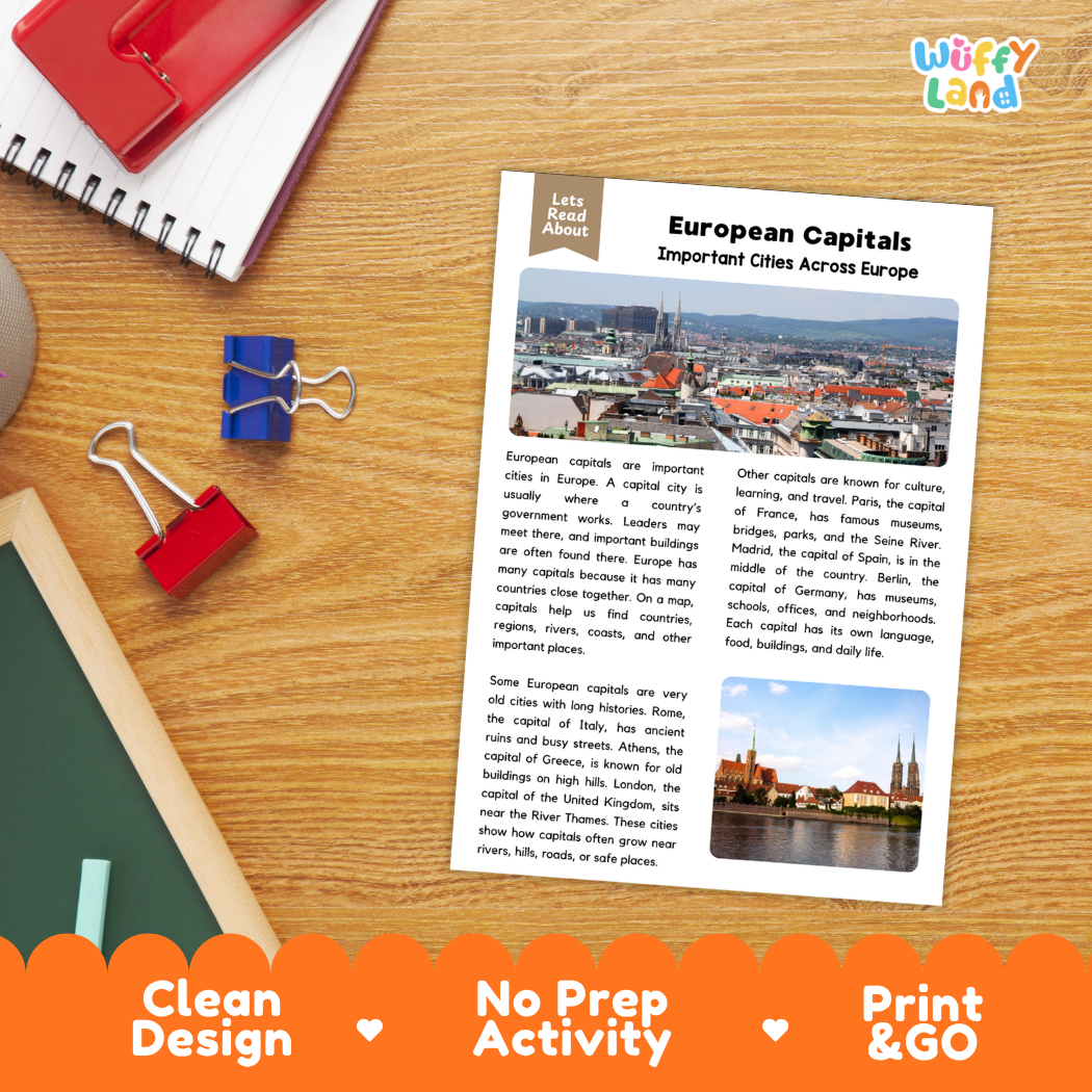 Student reading comprehension worksheet with short-answer questions and lined sections about European capital cities