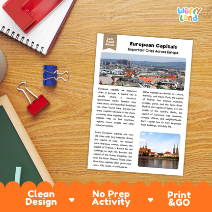Student reading comprehension worksheet with short-answer questions and lined sections about European capital cities