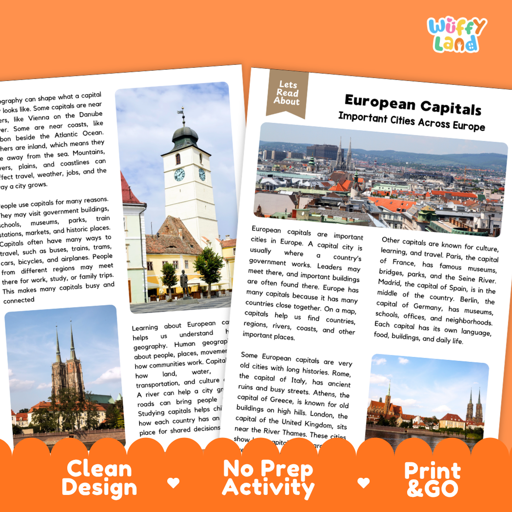 Teacher answer key page showing complete question solutions for European Capitals geography and social studies reading comprehension practice