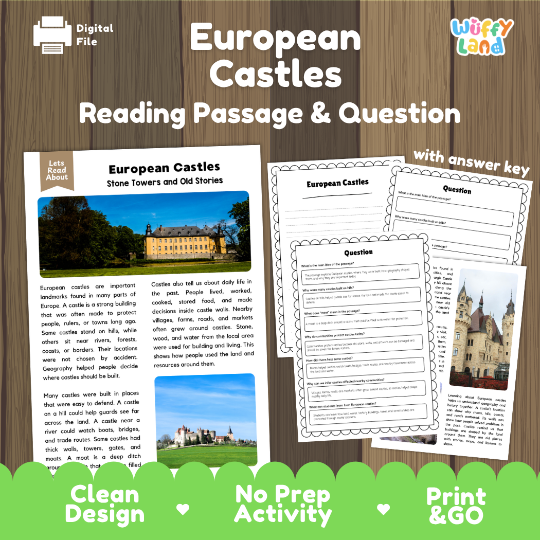 European Castles reading comprehension passage and questions printable activity pack with answer key for elementary students