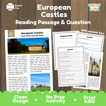 European Castles reading comprehension passage and questions printable activity pack with answer key for elementary students
