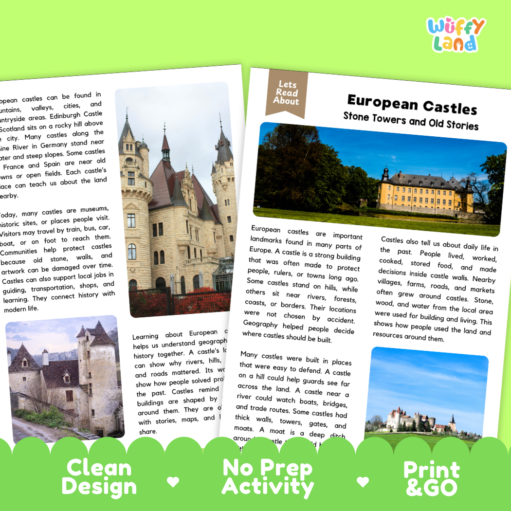 Teacher answer key page showing complete question solutions for European Castles history and geography reading comprehension practice