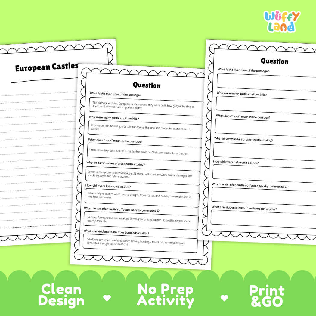 Informational reading passage page detailing European castles geography defense moats architecture and daily life with photos
