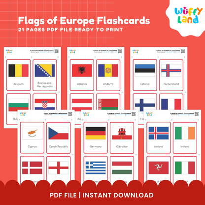 European countries and flags geography cards featuring Portugal, Norway, Belgium, Andorra, Bulgaria, Sweden and more