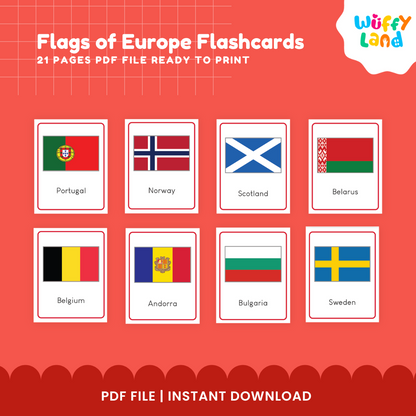 European country flags geography activity for kids featuring visual flag cards for learning country names and national symbols
