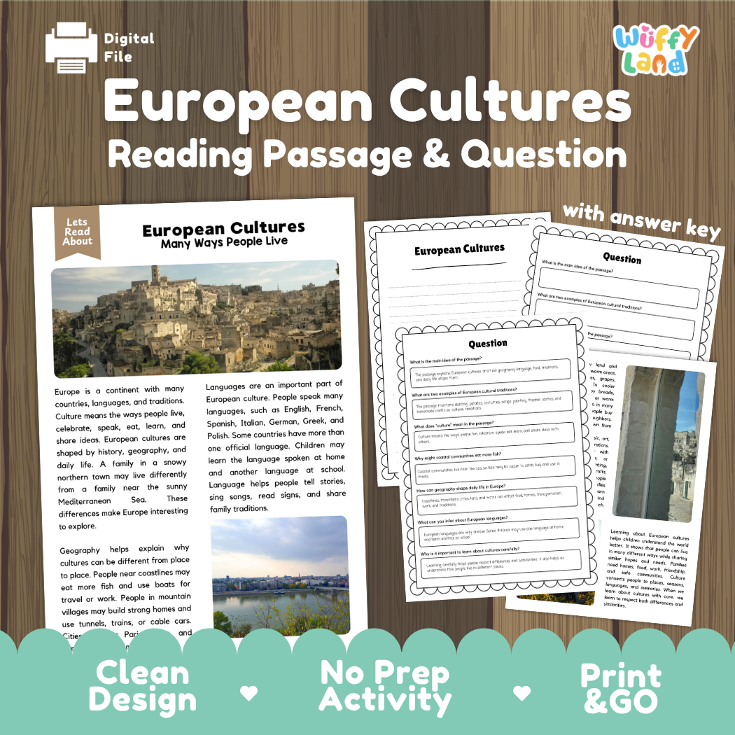 European Cultures reading comprehension passage and questions printable activity pack with answer key for elementary students